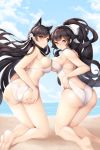  2girls animal_ears ass atago_(azur_lane) azur_lane bare_arms bare_legs bare_shoulders barefoot beach bikini blue_sky blush bow breasts brown_eyes brown_hair cat_ears clouds cloudy_sky commentary_request crossed_ankles day flower hair_bow hair_flower hair_ornament hands_on_own_ass high_ponytail highres kneeling koflif large_breasts long_hair looking_at_viewer looking_back mole mole_under_eye multiple_girls nose_blush outdoors ponytail sand sky soles swimsuit takao_(azur_lane) very_long_hair wet wet_hair white_bikini white_bow white_flower white_swimsuit 