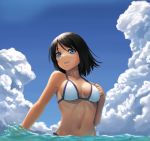  1girl bangs bare_arms bare_shoulders bikini black_hair blue_eyes blue_sky breasts cleavage collarbone commentary_request day eyebrows_visible_through_hair floating_hair grin hair_between_eyes hand_up highres looking_at_viewer medium_breasts navel ocean original outdoors partially_submerged ranma_(kamenrideroz) short_hair sky smile solo stomach summer swimsuit upper_body wet white_bikini wind 