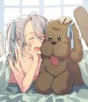  1boy ^_^ alternate_hairstyle chin_rest closed_eyes closed_eyes dog hair_ribbon long_hair lying makkachin male_focus momo_(22081240) on_stomach open_mouth ribbon shirtless silver_hair smile teenage tongue tongue_out twintails under_covers viktor_nikiforov younger yuri!!!_on_ice 