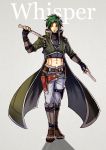  1boy abs boots cloak dagger dual_wielding fingerless_gloves fire_emblem fire_emblem:_akatsuki_no_megami gloves green_hair grey_background gzei holding holding_dagger holding_weapon simple_background solo sothe weapon yellow_eyes 