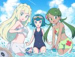  3girls :o armpits arms_at_sides back bangs bikini blonde_hair blue_eyes blue_hair blue_sky braid clouds cloudy_sky collarbone commentary_request cowboy_shot crown_braid dark_skin day gen_7_pokemon goggles goggles_on_head green_eyes green_hair hair_ornament hand_up highres lillie_(pokemon) long_hair looking_at_viewer mallow_(pokemon) multiple_girls navel nazonazo_(nazonazot) one-piece_swimsuit open_mouth outdoors outstretched_arms pokemon pokemon_(anime) pokemon_(creature) pokemon_sm_(anime) popplio rowlet school_swimsuit sky smile splashing standing stomach strap_gap suiren_(pokemon) swept_bangs swimsuit trial_captain twintails wading water white_pupils 