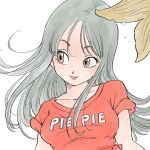  1girl breasts brown_eyes close-up clothes_writing cowboy_shot dragon_ball dragon_ball_(classic) eyelashes floating_hair grey_hair happy highres light_smile long_hair looking_away mermaid mermaid_(dragon_ball) monster_girl red_shirt shirt simple_background sleeves_rolled_up smile solo_focus tkgsize upper_body white_background 