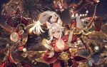  2boys 3girls animal_ears bai_lang blue_eyes blurry blurry_background bracer breasts character_request cleavage closed_mouth commentary_request daitengu depth_of_field fireworks floating_hair flying fox_ears highres holding holding_sword holding_weapon japanese_clothes kimono large_breasts long_hair long_sleeves looking_at_viewer multiple_boys multiple_girls obi onmyoji platform_footwear red_eyes red_kimono robe sash say_hana short_sleeves slit_pupils sword weapon whisker_markings white_hair wide_sleeves wings yamausagi yuki_onna_(onmyoji) 