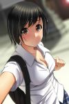  1girl bag bangs black_eyes black_hair blue_skirt blurry blurry_background blush breasts cleavage closed_mouth collarbone collared_shirt commentary_request day depth_of_field dress_shirt dutch_angle eyebrows_visible_through_hair fingernails highres looking_at_viewer matsunaga_kouyou medium_breasts nose_blush original outdoors outstretched_arm plaid plaid_skirt self_shot shirt shoulder_bag skirt smile solo white_shirt 