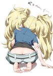  1girl ass barefoot belt blonde_hair blue_shirt butt_crack collared_shirt dimples_of_venus feet from_behind gambier_bay_(kantai_collection) head_tilt highres kantai_collection leaning_forward long_hair messy_hair seiza shirt shorts simple_background sitting soles subaru_(797529) twintails white_background 