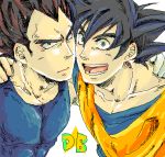  2boys :d black_eyes black_hair close-up copyright_name dougi dragon_ball dragonball_z face face-to-face frown gloves hands_on_another&#039;s_shoulders happy looking_at_viewer lowres male_focus multiple_boys mutsu_(pongo0062) open_mouth serious short_hair simple_background smile son_gokuu spiky_hair star upper_body vegeta white_background 