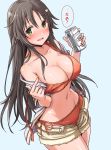  alcohol bare_shoulders beer beer_can bikini bikini_pull bikini_under_clothes blue_background blush breasts brown_hair can casual cleavage erect_nipples eyebrows_visible_through_hair fang green_eyes groin hair_between_eyes hair_ornament hairclip highres himekawa_yuki idolmaster idolmaster_cinderella_girls large_breasts long_hair looking_at_viewer midriff open_mouth orange_bikini short_shorts shorts side-tie_bikini simple_background starheart strap_pull swimsuit thighs tongue translated untied untied_bikini 