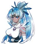  1girl armor blue_eyes blue_hair breasts dark_skin long_hair looking_at_viewer polearm ponytail shino_haruto simple_background solo tokiha_(xenoblade) weapon white_background white_hair xenoblade_(series) xenoblade_2 