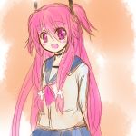  1girl angel_beats! blush choker eyebrows_visible_through_hair hair_ribbon hekikuu_(kanaderuyume) highres long_hair open_mouth pink_eyes pink_hair ribbon school_uniform serafuku solo two_side_up yui_(angel_beats!) 