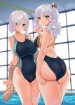  2girls ass bare_arms blue_eyes breasts brown_jacket cleavage closed_mouth clothes_around_waist collarbone competition_swimsuit covered_navel hair_ornament hair_over_one_eye hair_tie hairclip hamakaze_(kantai_collection) hand_on_own_ass highres indoors jacket jacket_around_waist kantai_collection kashima_(kantai_collection) large_breasts long_hair looking_at_viewer multiple_girls one-piece_swimsuit parted_lips pool sarfata silver_hair smile sparkle swimsuit twintails two-tone_swimsuit upper_body window 