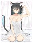  1girl absurdres animal_ears arm_up bangs bare_arms bare_shoulders bed_sheet between_legs black_hair blue_eyes blush breasts cat_ears cat_girl cat_tail cleavage closed_mouth collarbone commentary_request curtains dress eyebrows_visible_through_hair fingernails hair_between_eyes hand_between_legs hand_in_hair heterochromia highres long_hair looking_at_viewer medium_breasts mole mole_on_breast original panties panties_around_tail panties_removed sitting sleeveless sleeveless_dress solo strap_slip striped striped_panties suzuharu_toufu tail underwear wariza white_dress yellow_eyes 