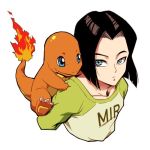  1boy android_17 black_hair blue_eyes carrying charmander clothes_writing crossover dragon_ball dragon_ball_super dragonball_z expressionless fire green_shirt long_sleeves looking_back lowres male_focus pokemon pokemon_(creature) shirt short_hair simple_background st62svnexilf2p9 upper_body white_background 