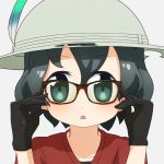  1girl adjusting_eyewear bespectacled black_eyes black_gloves black_hair commentary face glasses gloves hair_between_eyes hands_up hat hat_feather highres kaban_(kemono_friends) kemono_friends looking_at_viewer open_mouth portrait red_shirt sat-c shirt short_hair simple_background solo white_background white_hat 