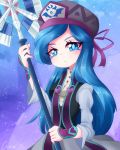  1girl axe beret blue_eyes blue_hair francisca_(kirby) hat heart highres kirby:_star_allies kirby_(series) littlecloudie long_hair looking_at_viewer personification 