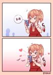  1girl 2koma artist_name blonde_hair blush brown_eyes cellphone closed_mouth comic eyebrows_visible_through_hair fangs flandre_scarlet heart highres holding holding_cellphone holding_phone looking_away parted_lips phone puffy_short_sleeves puffy_sleeves short_hair short_ponytail short_sleeves side_ponytail solo speech_bubble teeth touhou tumblr_username twitter_username yoruny 