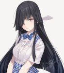  1girl artist_name black_hair bow bowtie breasts brown_eyes dated eyebrows_visible_through_hair eyes_visible_through_hair grey_background hair_over_one_eye hair_tie hayashimo_(kantai_collection) kantai_collection kobeya koubeya_uniform light_smile long_hair looking_at_viewer medium_breasts plaid rokuwata_tomoe sidelocks signature simple_background solo underbust waitress 