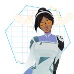  1girl absurdres alternate_costume artist_name closed_eyes dark_skin hair_bun hairband highres mole overwatch rottenplant simple_background solo sunglasses symmetra_(overwatch) vishkar_symmetra white_background 