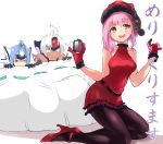  3girls bare_shoulders blue_hair commentary_request dark_skin female gift hair_ornament hat high_heels kos-mos kos-mos_ver._4 m.o.m.o. multiple_girls negresco pantyhose pink_hair red_eyes santa_costume santa_hat shiny skirt smile t-elos white_hair xenosaga xenosaga_episode_iii 