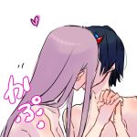  1boy 1girl black_hair blue_horns commentary_request couple darling_in_the_franxx hand_holding heart hetero hiro_(darling_in_the_franxx) horns interlocked_fingers long_hair oni_horns pink_hair red_horns sakuragouti shirtless short_hair zero_two_(darling_in_the_franxx) 