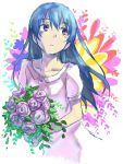  1girl bangs blue_hair bouquet dress flower hair_between_eyes joint06 long_hair love_live! love_live!_school_idol_project solo sonoda_umi 