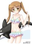  1girl bangs bikini bikini_skirt black_ribbon breasts brown_eyes brown_hair commentary_request cowboy_shot dated eyebrows_visible_through_hair flipper frilled_bikini frills girls_und_panzer glasses hair_grab hair_ribbon inflatable_toy long_hair looking_at_viewer multicolored multicolored_bikini multicolored_clothes navel oono_aya parted_lips ribbon round_eyewear small_breasts solo standing swimsuit twintails twitter_username 