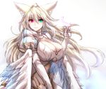  1girl absurdres animal_ears bangs blonde_hair breasts cleavage closed_mouth elbow_gloves eyebrows_visible_through_hair floating_hair gloves glowing glowing_eyes green_eyes hair_between_eyes hair_intakes heterochromia highres huge_breasts long_hair looking_at_viewer minarai_tenna original puffy_short_sleeves puffy_sleeves red_eyes short_sleeves slit_pupils smile solo standing very_long_hair wings 