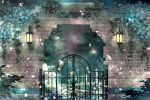  blurry depth_of_field fantasy flower gate kimikahamu lantern light_particles night original outdoors plant scenery signature star_(sky) tree vines wall 