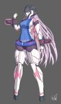  1girl aran_sweater arm_at_side blue_sweater breasts chainsaw doyouwantto full_body glowing glowing_hair grey_background hand_up highres large_breasts legs_apart long_hair looking_away meme_attire original purple_hair ribbed_sweater robot sideboob signature simple_background sleeveless sleeveless_turtleneck solo standing sweater turtleneck turtleneck_sweater very_long_hair virgin_killer_sweater weapon 
