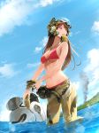  1girl bare_shoulders bikini blue_sky breasts brown_eyes brown_hair clouds cloudy_sky commentary_request dog_tags glint gloves helmet highres large_breasts long_hair mouth_hold navel ocean original outdoors pilot_suit red_bikini sky smoke solo somehira_katsu standing swimsuit under_boob undressing visor wading water wet 