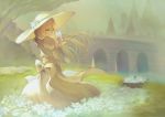  1girl bow closed_mouth dress flower green_eyes hat holding holding_flower long_dress long_hair original solo sun_hat teko white_dress wind 