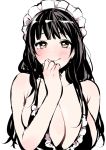  1girl bangs bare_arms bare_shoulders bikini black_bikini black_hair blush breasts cleavage closed_mouth frilled_bikini frills hand_up large_breasts long_hair looking_at_viewer maid_headdress original simple_background smile solo swimsuit uekan upper_body white_background yellow_eyes 