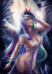  1girl alexandra_mae blue_hair breasts celestia_(my_little_pony) cleavage crown cutie_mark green_hair highres horn humanization large_breasts long_hair multicolored_hair my_little_pony my_little_pony_friendship_is_magic personification pink_hair purple_hair solo translucent_dress very_long_hair violet_eyes wings 