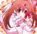  1girl brown_hair commentary_request dress green_eyes hair_ornament hidejiu jewelpet_(series) jewelpet_twinkle jewelry magical_girl pink_dress sakura_akari 