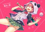 1girl baseball baseball_bat character_name eyebrows_visible_through_hair fang gia hood hooded_jacket jacket nijisanji open_clothes open_jacket open_mouth panda_hood pink_background pink_hair pleated_skirt red_eyes signature skirt sleeves_rolled_up solo 