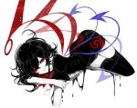  1girl artist_name ass asymmetrical_wings black_dress black_hair black_legwear blue_wings bow bowtie center_frills dress hair_between_eyes highres houjuu_nue limited_palette looking_at_viewer lying on_stomach open_mouth red_bow red_eyes red_neckwear red_wings sheya short_dress short_hair short_sleeves signature simple_background smile solo spot_color thigh-highs touhou white_background wings zettai_ryouiki 