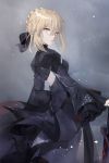  1girl artoria_pendragon_(all) bangs black_bow black_dress blonde_hair bow braid breasts brown_eyes commentary_request dark_excalibur dress eyebrows_visible_through_hair fate/stay_night fate_(series) hair_between_eyes hair_bow hand_on_hilt juliet_sleeves long_sleeves looking_at_viewer looking_to_the_side medium_breasts parted_lips puffy_sleeves saber_alter solo wide_sleeves yumaomi 