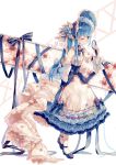  1girl adapted_costume alternate_costume back_bow blue_hair bow dress flower frilled_dress frills highres hinanawi_tenshi ling_mou mirror red_eyes ribbon touhou 