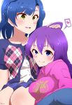  2girls absurdres ahoge blue_eyes blue_hair braid breasts breath hair_between_eyes heart highres idolmaster idolmaster_million_live! long_hair medium_breasts medium_hair mochizuki_anna moment_(moment_607) multiple_girls nanao_yuriko petting purple_hair simple_background sweat yellow_eyes 