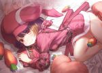  1girl animal_ears animal_hat arm_up bandanna bed_sheet between_thighs blush breasts brown_hair bullpup bunny_hat carrot closed_mouth commentary_request ek_masato fur-trimmed_jacket fur_trim gun hat jacket llenn_(sao) long_sleeves looking_at_viewer lying medium_breasts no_pants on_side p-chan_(p-90) p90 pillow pink_bandana pink_hat pink_jacket rabbit_ears red_eyes smile solo submachine_gun sword_art_online sword_art_online_alternative:_gun_gale_online transparent weapon 