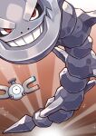  ^_^ absurdres brown_background closed_eyes commentary_request grin highres koohiitei_shinbo light_rays looking_at_viewer magnemite no_humans pokemon pokemon_(creature) red_eyes smile steelix 