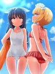  2girls alternate_hairstyle arms_behind_back ass back bangs bikini black_hair blonde_hair blunt_bangs braid brown_eyes closed_mouth commentary covered_navel cutlass_(girls_und_panzer) day eyebrows_visible_through_hair frilled_bikini frills from_behind frown girls_und_panzer hair_ribbon hair_tie highres holding innertube interlocked_fingers kitayama_miuki long_hair looking_at_viewer looking_back maid_headdress multiple_girls outdoors red_bikini reizei_mako ribbon school_swimsuit short_hair standing sweatdrop swimsuit thigh_gap twin_braids white_ribbon white_school_swimsuit white_swimsuit yellow_eyes 