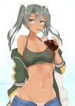  1girl absurdres blue_background blue_pants bra breasts camouflage camouflage_bra cleavage closed_mouth collarbone commentary_request dated drinking drinking_straw enemy_lifebuoy_(kantai_collection) gradient gradient_background green_eyes green_jacket grey_hair hair_between_eyes highres jacket ka_tsumi kantai_collection long_hair looking_at_viewer navel off_shoulder open_clothes open_fly open_shirt pants shiny shiny_hair shirt small_breasts smile solo sports_bra tan twintails twitter_username underwear zuikaku_(kantai_collection) 