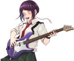  1girl bass_guitar blush boku_no_hero_academia epaulettes green_skirt highres instrument jirou_kyouka kobaji necktie pleated_skirt purple_hair school_uniform short_hair skirt 