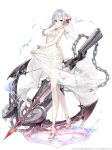  1girl absurdres anchor arrow asymmetrical_bangs bangs bikini bow_(weapon) bracelet breasts chains crossbow eyebrows_visible_through_hair flower full_body grey_eyes hair_flower hair_ornament heart high_heels highres jewelry ji_no looking_at_viewer official_art sandals see-through sinoalice small_breasts snow_white_(sinoalice) solo standing standing_on_one_leg swimsuit water weapon white_background white_hair 
