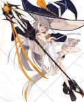  1girl animal_ears boots breasts dress fox_ears fox_tail grey_hair hat long_hair nagishiro_mito orange_eyes small_breasts smile tail very_long_hair white_background white_dress witch witch_hat 