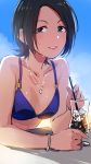  1girl bare_arms bare_shoulders bikini_top black_hair blue_eyes blue_sky bracelet breasts cup drinking_glass drinking_straw idolmaster idolmaster_cinderella_girls jewelry light_smile lips looking_at_viewer luncheon_meat_umai necklace outdoors short_hair sketch sky small_breasts solo sweat tougou_ai upper_body 
