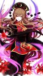  1girl absurdres artist_name aura black_dress black_sash braid breasts brown_hair dress eyebrows_visible_through_hair floating_hair flower french_braid hair_between_eyes headdress highres junko_(touhou) large_breasts long_dress long_hair long_sleeves looking_at_viewer neck_ribbon open_mouth petals red_eyes red_flower ribbon sash sheya signature simple_background sleeves_past_fingers sleeves_past_wrists smile solo tassel touhou white_background wide_sleeves yellow_neckwear yellow_ribbon 