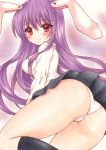  1girl absurdres animal_ears ass bangs black_legwear black_skirt breasts closed_mouth commentary eyebrows_visible_through_hair eyelashes feet_out_of_frame from_side hair_between_eyes highres kneehighs large_breasts light_smile long_hair long_sleeves looking_at_viewer panties pantyshot pleated_skirt purple_hair rabbit_ears red_eyes reisen_udongein_inaba ria_(pixiv30053072) shirt skirt solo thighs touhou traditional_media underwear white_panties white_shirt 