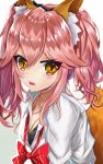  1girl absurdres age_okaki alternate_costume animal_ears black_bra blush bra breasts cleavage fang fate/extella fate/extella_link fate/extra fate_(series) fox_ears fox_tail gradient gradient_background highres large_breasts long_hair open_mouth pink_hair school_uniform shirt solo tail tamamo_(fate)_(all) tamamo_jk_(fate) twintails unbuttoned underwear yellow_eyes 