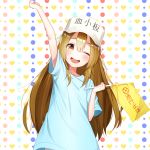 1girl ;d absurdres arm_up bangs blue_shirt blush brown_eyes brown_hair character_name commentary_request eyebrows_visible_through_hair flag flat_cap hair_between_eyes hat hataraku_saibou heart heart_background highres holding holding_flag long_hair multicolored multicolored_polka_dots one_eye_closed open_mouth platelet_(hataraku_saibou) polka_dot polka_dot_background round_teeth shirt short_sleeves smile solo teeth the_cold upper_teeth very_long_hair white_background white_hat 
